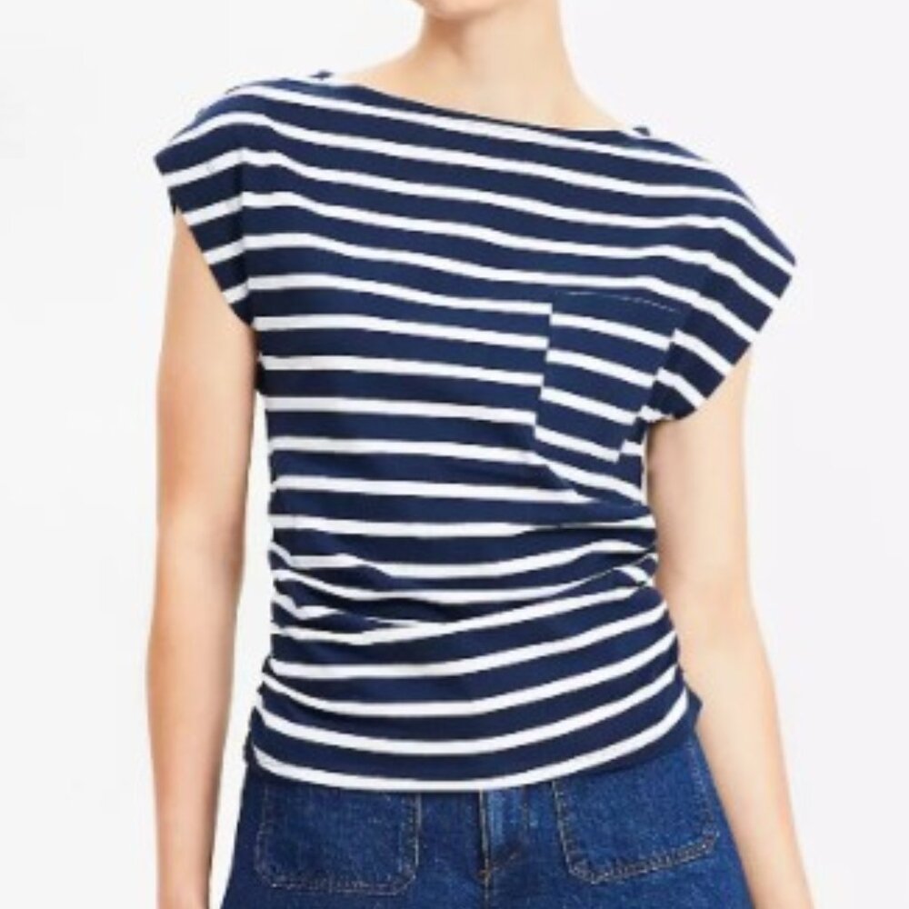 LOFT Petite Stripe Ruched Boatneck Pocket Tee